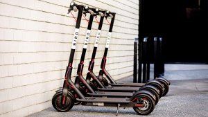 Bird scooters lined up against building