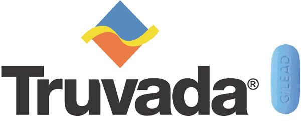 Logo of Truvada company - Word "Truvada" with blue pill and blue, red, and yellow diamond shape