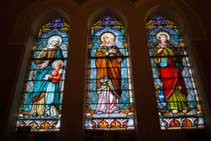 Stained glass windows in a Catholic church.
