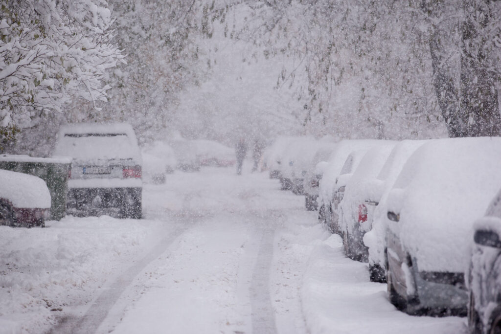 Cars parked covered in snow on a texas street during a snowstorm.