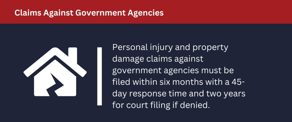 Personal injury and property claims must be filed in six months when directed at government agencies.