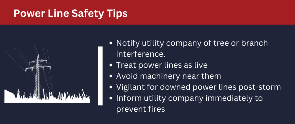 Power line safety tips: treat them as live, avoid machinery near them, inform utility companies about fires immediately.