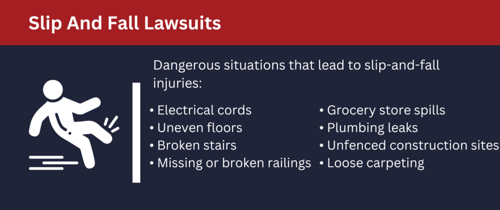 Slip and fall lawsuits can occur from electric cords, uneven floors, broken stairs and more.