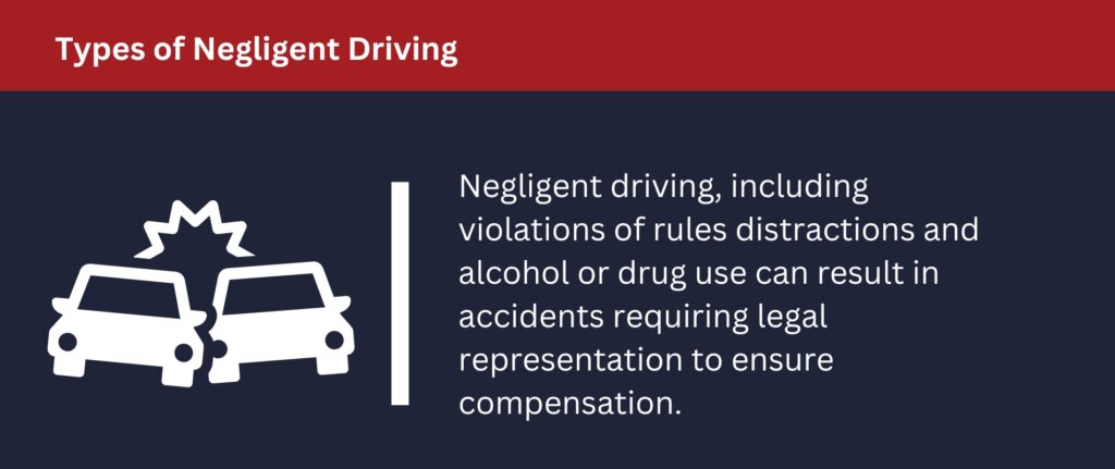 Negligent driving often arises from being distracted or drinking alcohol.