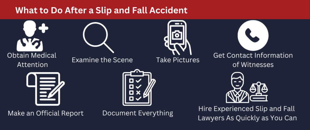 What to Do After a Slip and Fall Accident: obtain medical attention, examine the scene, take pictures and get contact info from witnesses.