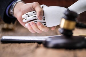 Using AI in the law industry - A lawyer shaking hands with a robotic arm in front of a gavel.