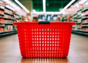 A red shopping basket sitting on the floor of a grocery store.