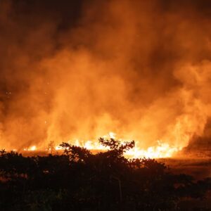 A blazing wildfire lighting up the night.