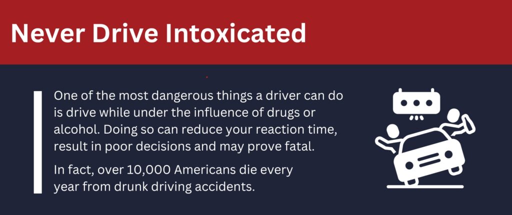 Never Drive Intoxicated: One of the most dangerous things you can do is drive under the influence.