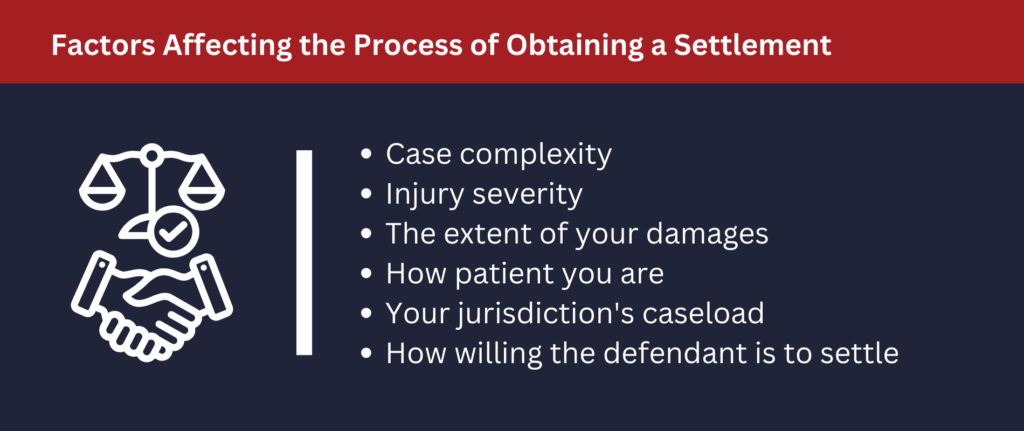 Factors such as case complexity, injury severity, damages, patience, and more can impact the duration of your claim.