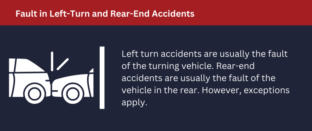 Fault in Left-Turn and Rear-End Accidents: Left turn accidents are usually the fault of the turning vehicle.