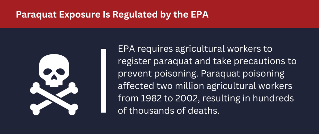 Paraquat Exposure Is Regulated By The EPA: Agricultural workers must be registered to use paraquat and take precautions to prevent poisoning.