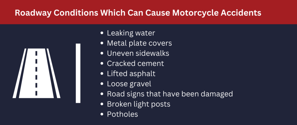 Roadway conditions that can cause accidents include: leaking water, uneven sidewalks and more.