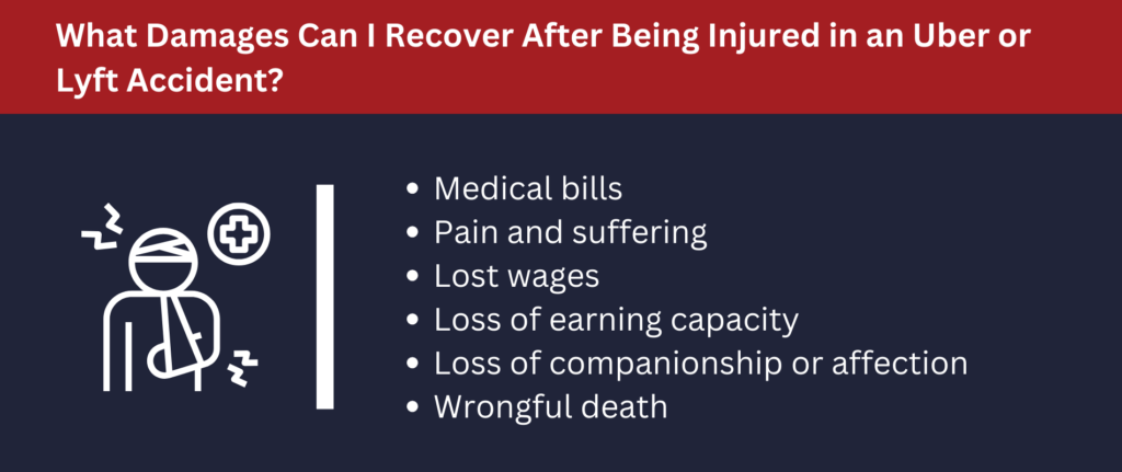 Damages in an Uber accident includes medical bills, pain and suffering, lost wages, wrongful death and more.