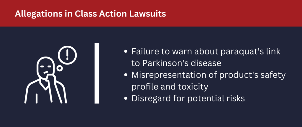 Class action lawsuits allege a failure to warn about paraquat's link to Parkinson's disease.