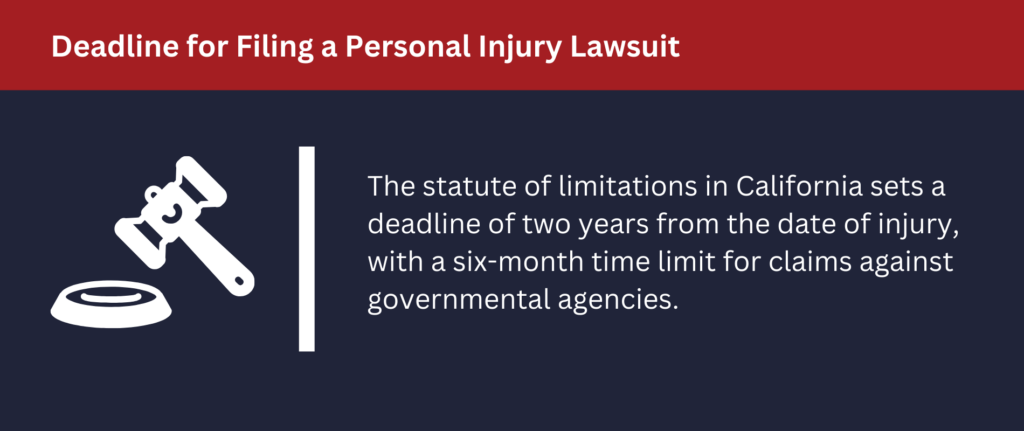 The statute of limitations in California sets a deadline of two years from the date of injury.