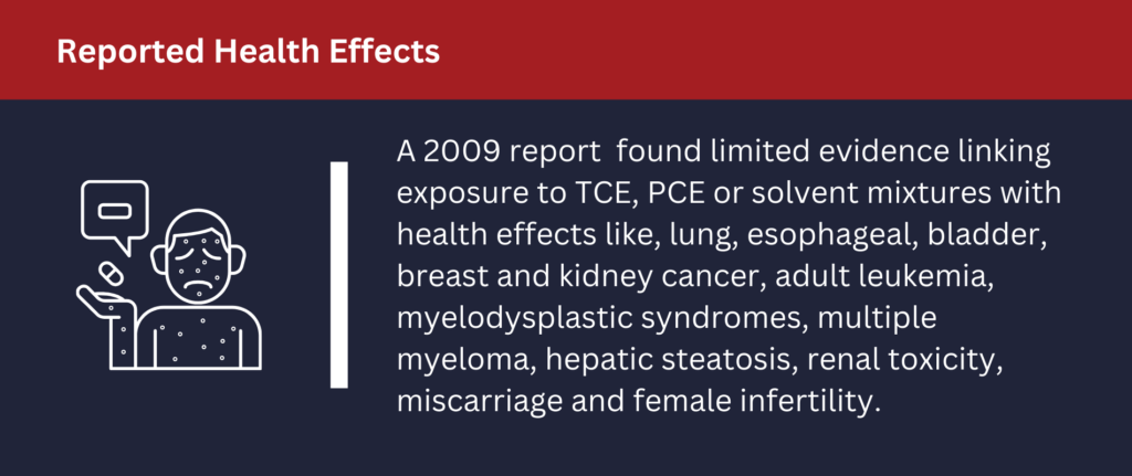 A 2009 report linked TCE and PCE with numerous health effects.