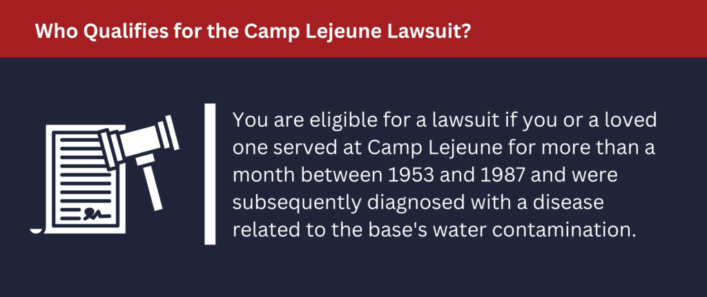 You are eligible for a lawsuit if you were at Camp Lejeune for over a month from 1953 to 1987 and suffered health effects.