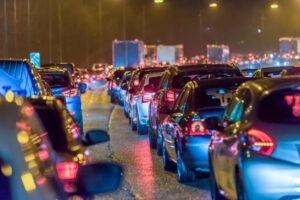 A traffic jam on the freeway at night.