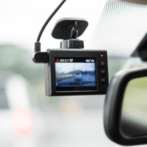 A dash cam recording traffic.