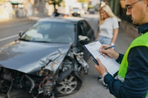 A man filling out information on his clip board making a record of the totaled car accident in front of him.