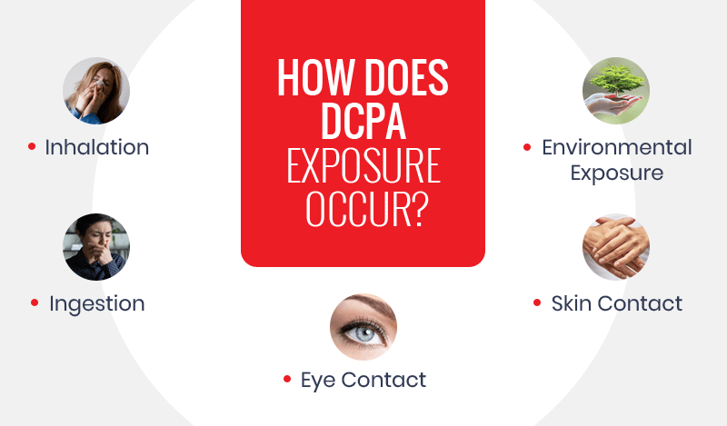 DCPA exposure can occure because of eye contact, environmental exposure, and more.