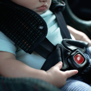 Child strapped into a booster seat.