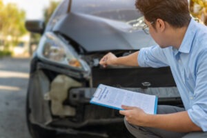 Car insurance agents inspect and evaluate damaged cars after accidents, recording them as evidence for insurance claims.